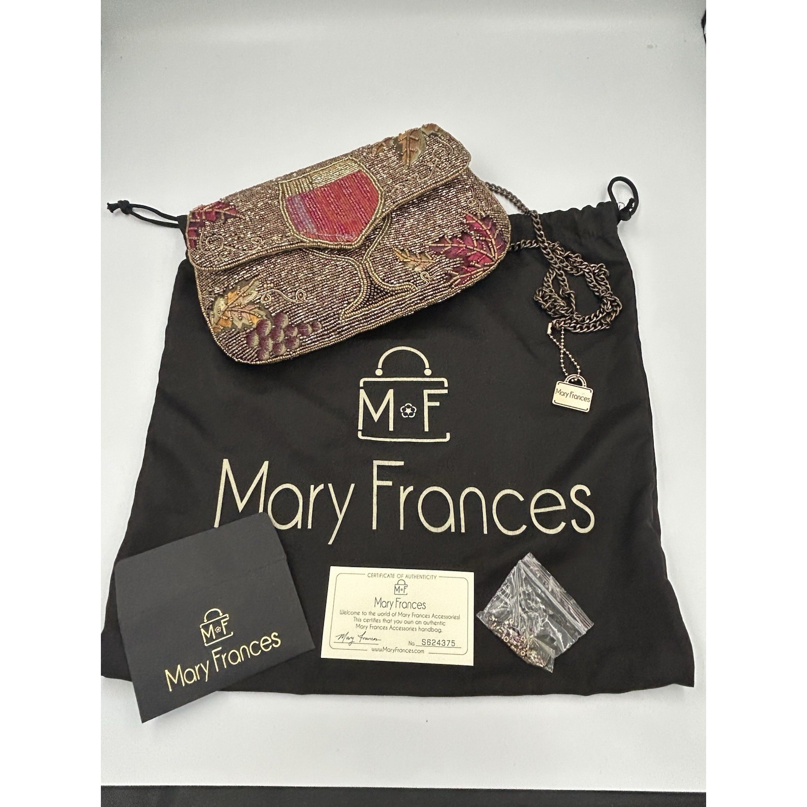 Mary Frances Beaded Wine Theme Shoulder/Crossbody Chain Strap Bag W/ Dust Bag